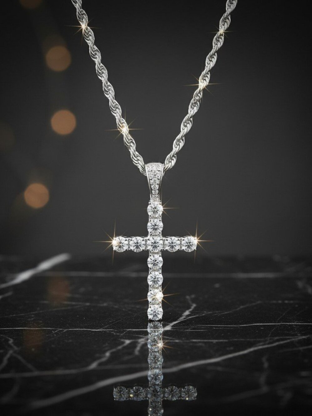 Silver Plated Iced CZ Glitter Cross Pendant 18" Rope Chain Necklace